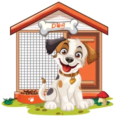 Poster Cheerful dog sitting by its house and food bowl © GraphicsRF