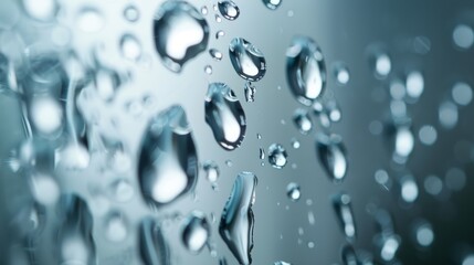 Macro photography of water droplets on a blue background. Close-up of liquid bubbles with light reflections