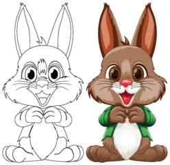 Fototapete Black and white sketch beside colored bunny character. © GraphicsRF