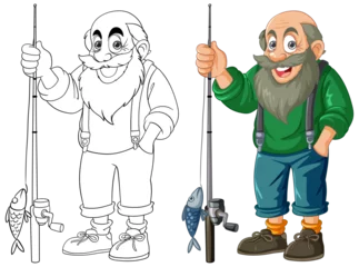 Deurstickers Cartoon fisherman holding a fishing rod and fish. © GraphicsRF