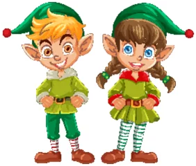 Poster Two happy elves in festive holiday attire. © GraphicsRF