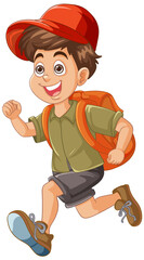 Cheerful young boy running with a backpack.