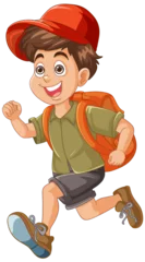 Photo sur Plexiglas Enfants Cheerful young boy running with a backpack.