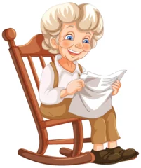 Tuinposter Elderly woman reading happily in a wooden rocker © GraphicsRF