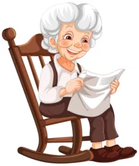 Tuinposter Elderly woman reading paper, sitting in a rocker © GraphicsRF