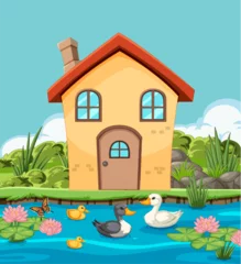 Zelfklevend Fotobehang Colorful illustration of ducks near a cozy home © GraphicsRF