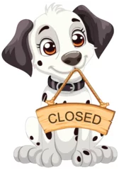Deurstickers Adorable cartoon dog holding a wooden closed sign © GraphicsRF