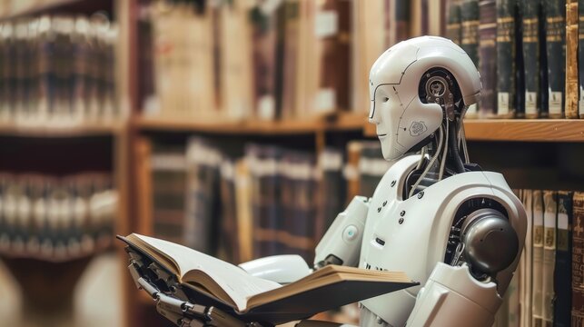 Humanoid robot reading a book in traditional library setting. Intersection of classic education and futuristic technology concept