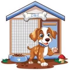 Tuinposter Cartoon puppy waving in front of its home © GraphicsRF