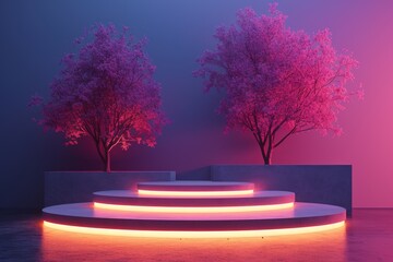 Fototapeta na wymiar A minimalist podium adorned with neon trees