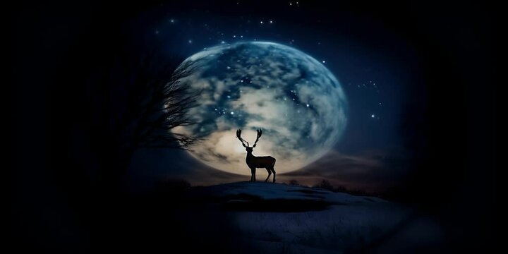  night bright the in background the in moon full looping large a with Way Milky and stars the of silhouette deer Night