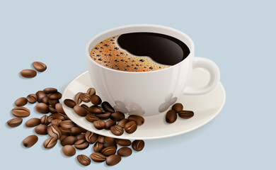 Cup of coffee with coffee beans. Vector illustration. Sketch for creativity.