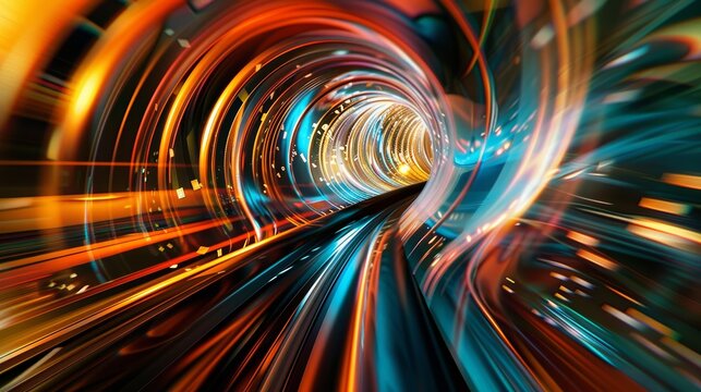 Futuristic Tunnel Vision With Vibrant Streaks Of Light. Abstract Speed And Technology Concept Illustration.