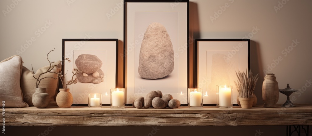 Canvas Prints A wooden mantle adorned with candles and pictures in rustic frames. The room is filled with a warm glow, creating a cozy and inviting atmosphere for any event