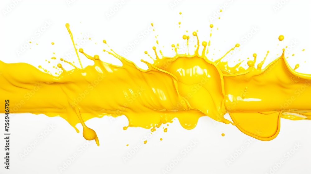 Poster isolated shot capturing vibrant yellow paint splashes against a pristine white background.