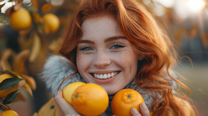 Fototapeta na wymiar Smiling Redhead Woman Playing with Oranges and Lemon: Happy Female Enjoying Citrus Fruits, Joyful Girl Holding Orange and Lemon, Generative Ai