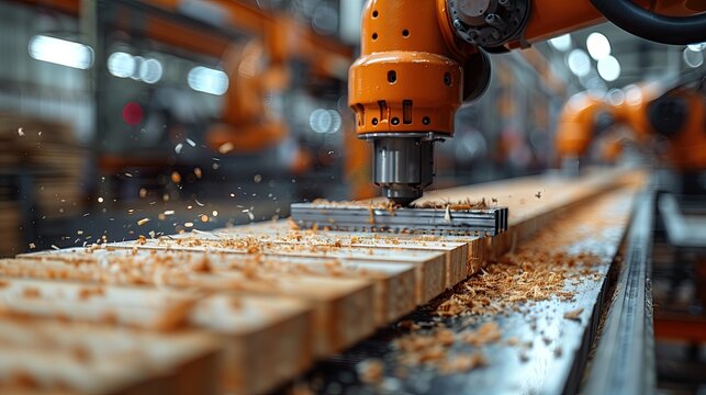 Modern technology, a mechanical arm is working on the structure of a house. Using wood as a raw material in the production line.