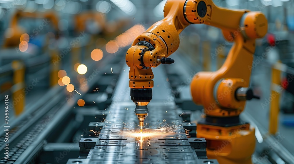 Poster large car parts assembly factory with a large machine, sparks fly from the welding point.