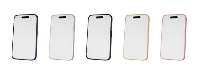 smartphones with blank screen in different colors isolated on transparent background 3d illustration