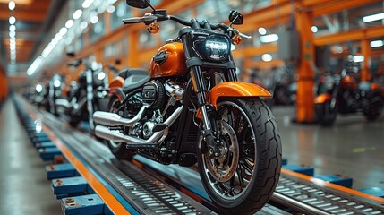 large motorcycle production factory Transporting motorcycles from manufacturing plants, automotive manufacturing industry