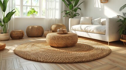 Round rattan table and white sofa Interior design, modern living room style