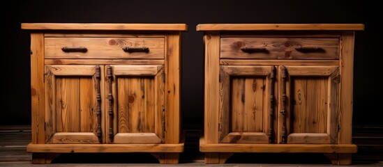 Two rectangular hardwood cabinets with drawers and doors, finished with wood stain and varnish, placed side by side on a black background