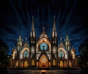 Obraz premium Christian and Catholic churches illuminated with beautiful lights.