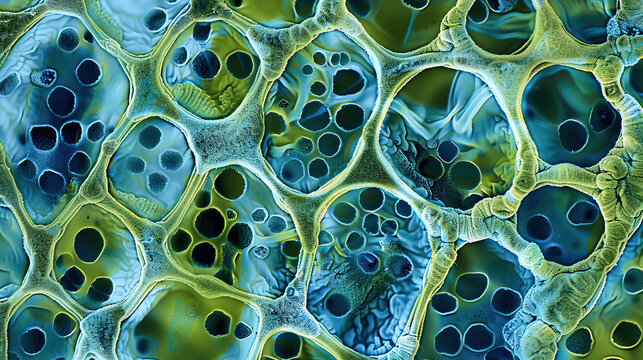 Microscopic view of blue-green algae, showcasing its complex structure and stunning blue-green pigments vital for oxygen production.