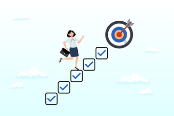 Smart businesswoman walk up checklist as staircase to achieve target, personal development plan for career success, build specialist skill, competence to motivate and achieve business target (Vector)