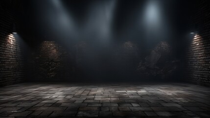 The backdrop of an empty dark-black room features empty brick walls, illuminated by lights, smoke, and rays, creating a mysterious ambiance.
