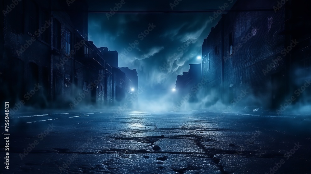 Canvas Prints dark street of the night city, dark blue background, an empty dark scene, neon, spotlights reflectin