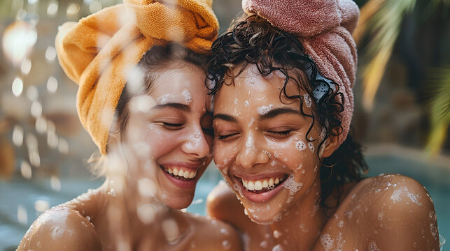 Two Friends Having Fun: Beauty Treatment And Spa Session, Girls Enjoying Relaxing Facial Care, Leisure And Pampering Activities, Generative Ai