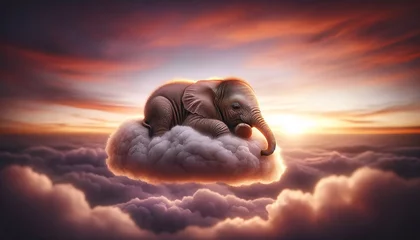 Poster A baby elephant resting on a soft cloud, with a gentle sunset background. © FantasyLand86