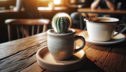 The image depict a cup of coffee with a small cactus sitting in it instead of coffee.