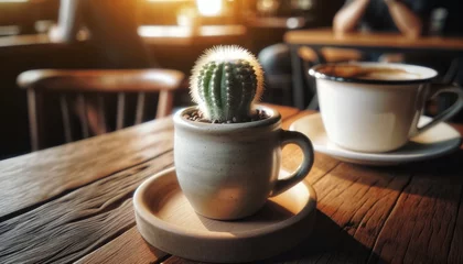 Zelfklevend Fotobehang The image depict a cup of coffee with a small cactus sitting in it instead of coffee. © FantasyLand86