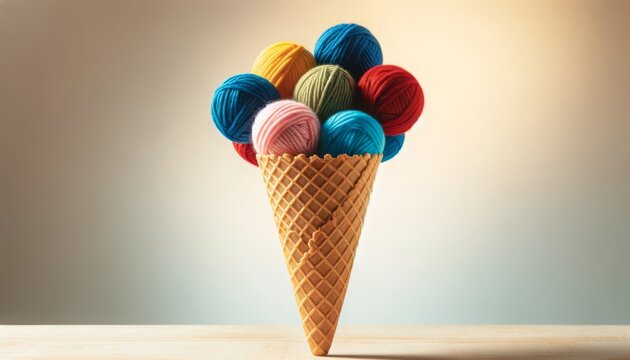 The image depict an ice cream cone filled with colorful balls of wool instead of scoops of ice cream.