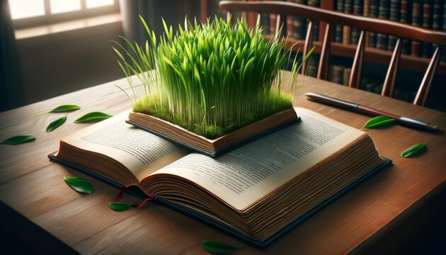 The image depict a book with grass growing out of its pages, suggesting an integration of nature and knowledge.
