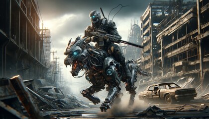 A futuristic soldier mounted on a cybernetic beast, charging through a post-apocalyptic cityscape.
