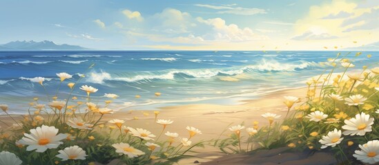 A serene natural landscape painting featuring a path leading to the ocean with daisies in the foreground, under a cloudy sky with cumulus clouds and wind waves in the distance