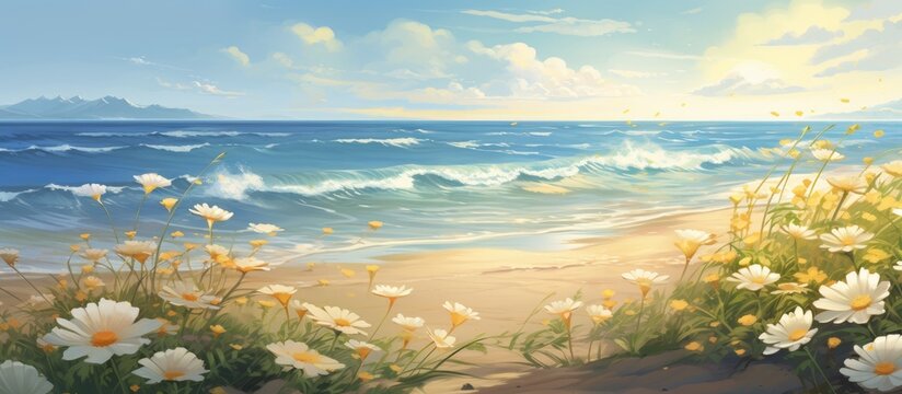 A serene natural landscape painting featuring a path leading to the ocean with daisies in the foreground, under a cloudy sky with cumulus clouds and wind waves in the distance
