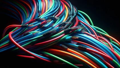 A series of multi-colored, twisted cables against a black background, symbolizing connectivity and network in the digital age.
