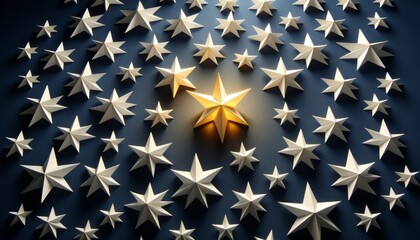A collection of white paper stars arranged on a dark blue background in a clean, minimalist style.