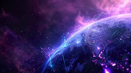 Abstract background with a glowing planet and digital connections in space, in the style of technology concept. Space earth connection design