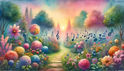 A whimsical garden scene with flowers blooming in the shape of various musical notes and...