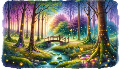 A magical forest clearing where the trees have leaves that shimmer in shades of gold and pink, with a small, charming wooden bridge over a crystal-cle.