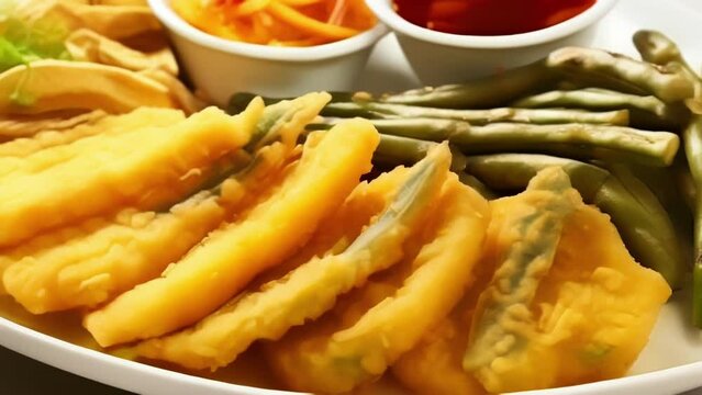 The image captures the essence of vegetable tempura, showcasing a colorful medley of fried vegetables. Each piece bursts with flavor and the delicate batter adds a delightful crispness to