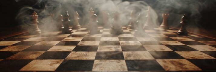 A chessboard where the squares tell stories of past games - obrazy, fototapety, plakaty