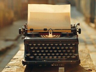 A close-up of a vintage typewriter with a blank sheet of paper in the sun - obrazy, fototapety, plakaty