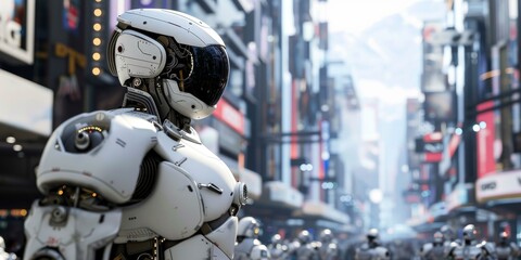 Fototapeta premium A cybernetic city where humans and AI coexist