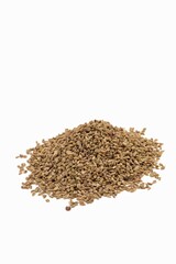 Ajwain Seeds or Ajowan Isolated on White Background with Copy Space. Also Known as Thymol Seeds or Ajowan Caraway in Vertical Orientation
